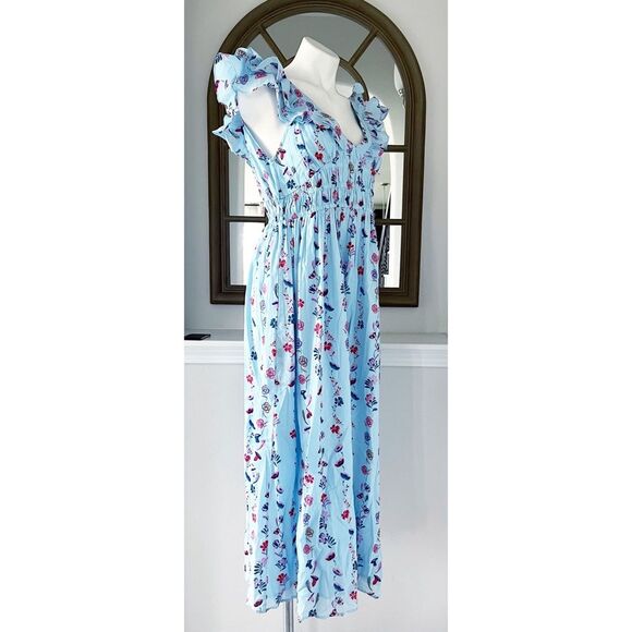 Banjanan Maya Cotton Ruffled Foliage Floral Dress, Blue, NWT, Size M - Picture 6 of 16